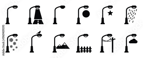 Collection of twelve black silhouette street lamp icons depicting various weather conditions and elements, presented in a clean, graphic style