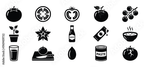 Collection of black and white tomato-themed icons depicting whole, sliced, and processed forms of the fruit