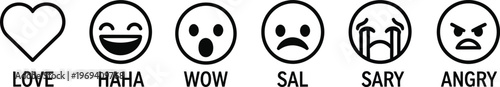 Social Media Reaction Emoji Set with Love Haha Wow Sad Angry and Sorry Icons