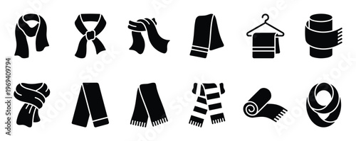 Collection of various black scarf glyph icons, showcasing different styles and ways to wear or display them, presented in a clean, graphic vector illustration