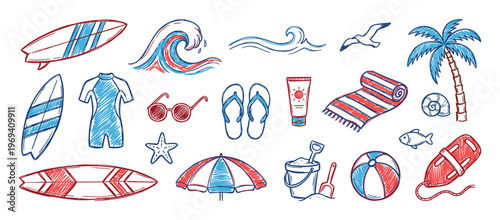 Collection of hand-drawn summer and beach-themed doodle icons in red and blue, including surfboards, waves, and a palm tree