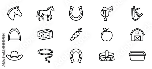 Collection of fifteen black outline horse and ranch-related icons, including a horse, horseshoe, saddle, and barn, presented clearly