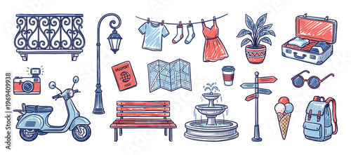 Collection of hand-drawn travel and city life elements, including a scooter, passport, map, and suitcase, in a charming doodle style