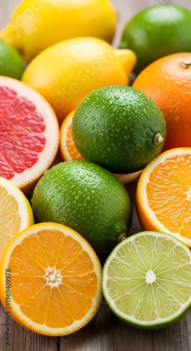 Aromatic citrus collection with water droplets glistening on surface