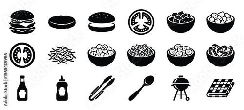 Comprehensive collection of black and white icons representing various barbecue foods, ingredients, and cooking tools