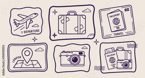 Travel luggage suitcase, vacation icons line art, tourism vector pattern, summer holiday background, travel adventure illustration, journey wallpaper, hand drawn camera and bag
