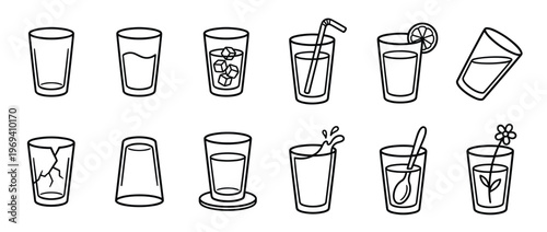Collection of various outline style drinking glasses, some empty, some with liquid, ice, or accessories, presented as a set of simple icons