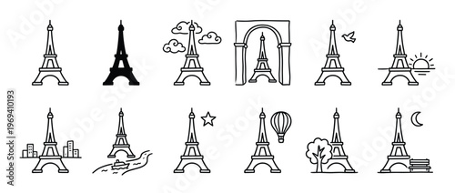 Collection of hand-drawn Eiffel Tower illustrations depicting various scenes and moods in a simple, artistic style