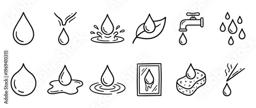 Collection of hand-drawn black and white water drop icons illustrating various states and interactions of liquid