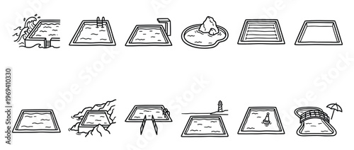 Various hand-drawn black and white swimming pool icons illustrate different designs and features for aquatic recreation