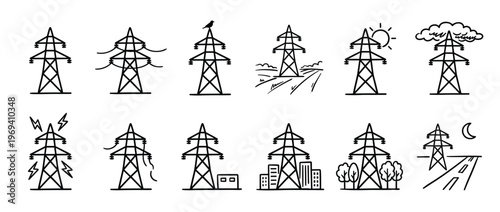 Collection of hand-drawn black and white power line tower icons illustrating various scenarios and environments