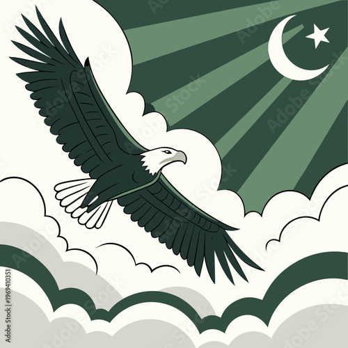 Majestic eagle flying with pakistan flag colors and crescent moon in the sky with national bird with graphic design with dark green with graphic resource with freedom fighter