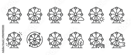 Collection of simple Ferris wheel line art icons, depicting various states and elements like sun, moon, clouds, and tickets