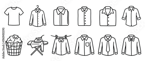 Collection of black outline clothing icons including various shirts, a laundry basket, and an ironing board, presented in a simple, clean style