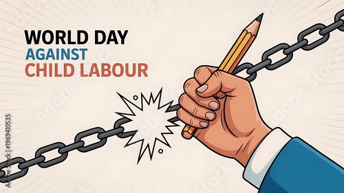 An illustrative representation of the world day against child labour with a broken chain symbol