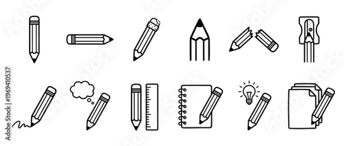 Collection of black outline pencil icons and related stationery items in a clean, simple style