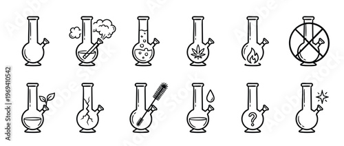Collection of simple line art bong icons depicting various states and actions, presented in a clean, graphic style