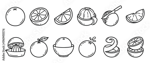 Collection of simple line art orange illustrations depicting various stages of preparation and consumption, with a clean, minimalist aesthetic