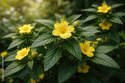Medicinal Damiana Plant with Bright Yellow Flowers in Botanical Setting