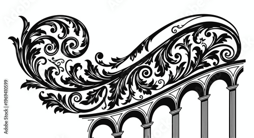 Elegant black and white scrollwork adorns architectural arches, evoking classic design.