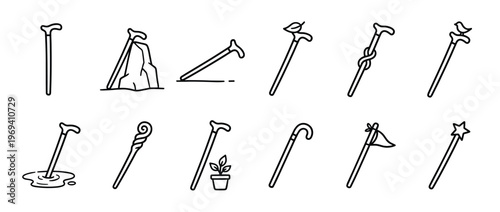 Collection of twelve simple line art walking sticks and canes in various designs and contexts