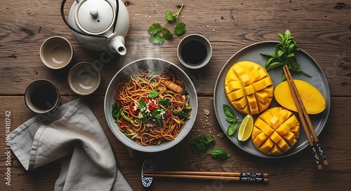 Asian noodle dish and mango with tea on wooden table