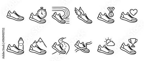 Collection of black outline running shoe icons representing various aspects of fitness and sport