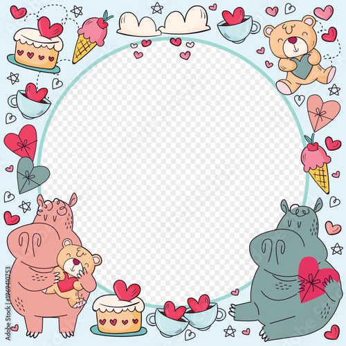 A colorful illustration of cartoon animals and sweets in a heart-themed border