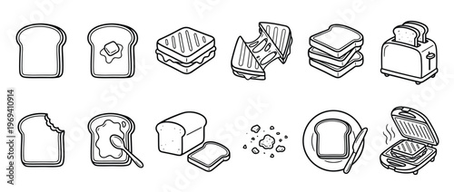 Collection of various bread and toast related items, including slices, sandwiches, and kitchen appliances, depicted in a clean outline style