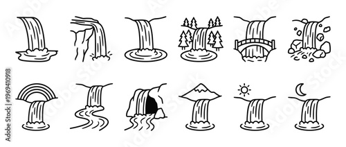 Collection of various hand-drawn waterfall icons in a simple, clean black and white outline style, depicting different natural scenes