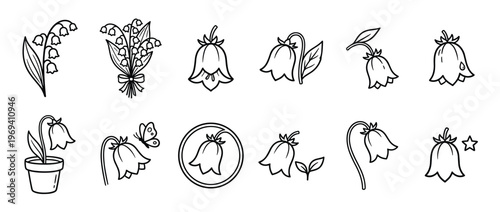 Collection of simple black outline bellflower and lily of the valley illustrations in various arrangements and styles