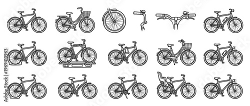 Collection of various hand-drawn bicycle illustrations, including different styles, parts, and accessories, presented in a clean black and white outline