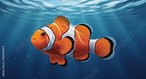 Vibrant Cartoon Clownfish Swimming in Blue Water, Orange and White Stripes.