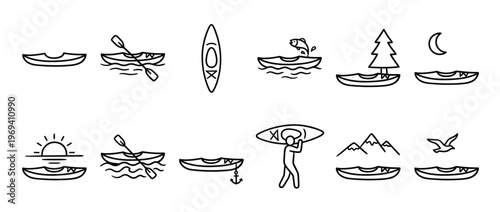 Collection of simple black outline kayak icons depicting various activities and scenarios related to kayaking