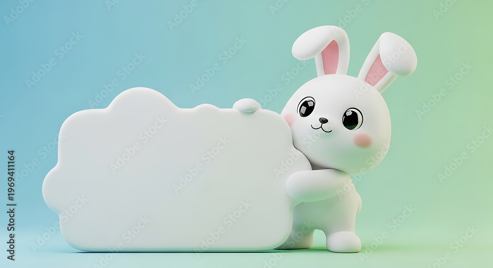 Fototapeta premium Cute white cartoon bunny holding a blank white cloud sign on colorful background transparent background