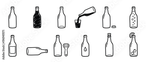 Collection of hand-drawn black and white doodle icons depicting various beer and beverage bottles, some with caps, labels, or being poured