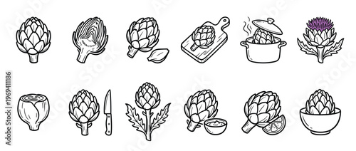 Collection of hand-drawn artichoke illustrations in various forms, including whole, cut, cooked, and with dipping sauce, presented in a clean, graphic style