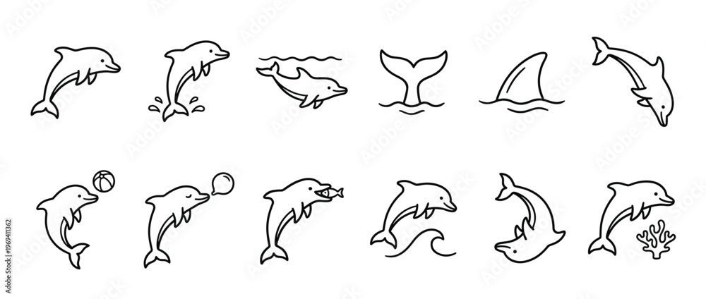 Obraz premium Collection of twelve simple black outline dolphin illustrations in various playful poses and activities, clean graphic style