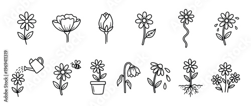Collection of simple black outline flower illustrations depicting various stages of growth and interaction with nature