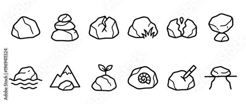 Collection of various simple black outline rock and stone icons on a clean white surface, presented in a minimalist style