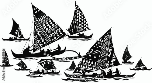 Traditional outrigger canoes with patterned sails glide across the water under a bright sky.