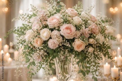 Elegant wedding floral arrangement featuring soft pastel blooms and lush greenery