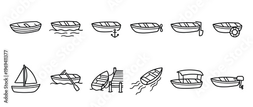 Collection of simple black outline boat icons depicting various types and activities on water