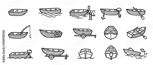 Collection of various simple black outline rowboat icons depicting different activities and perspectives in a clean, graphic style