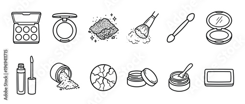 Collection of hand-drawn black and white line art icons depicting various makeup products and tools, including eyeshadow palettes, compacts, brushes, and lip gloss