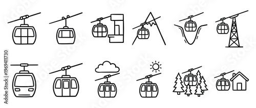 Collection of black outline cable car icons depicting various scenes like mountains, clouds, and houses