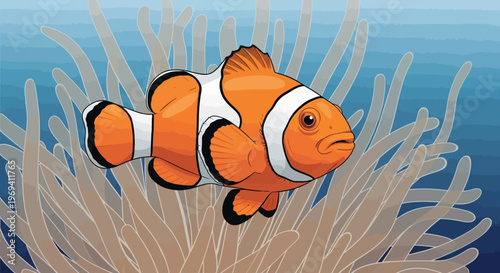Vibrant Orange Clownfish with White Stripes and Black Outlines
