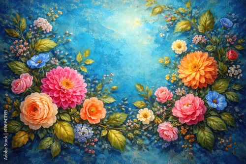 colorful flowers and leaves painted on a vibrant blue textured background with soft daylight