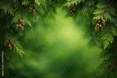 Copy space image with vibrant green backdrop and evergreen Thuja leaves adorned with small hanging cones