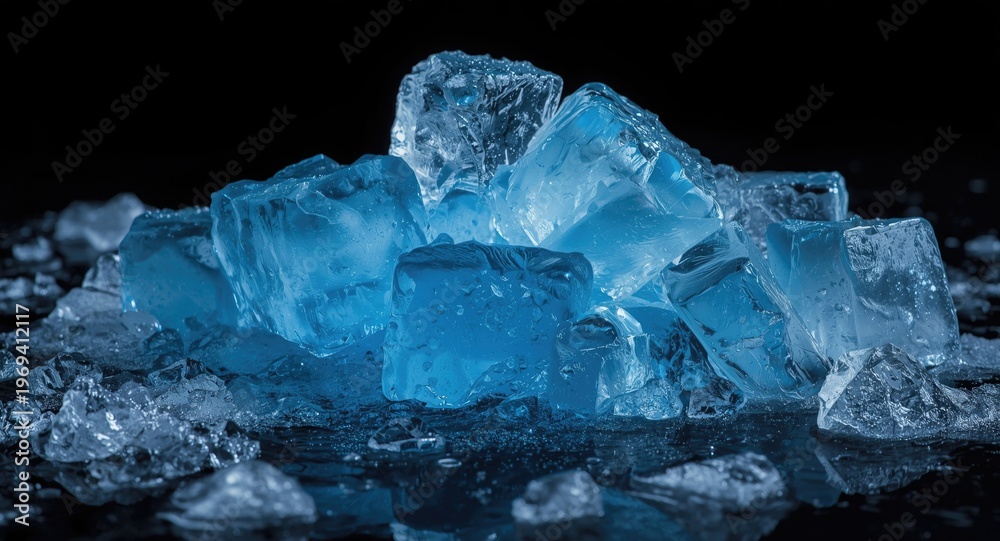 Fototapeta premium Artistic close up of melting blue ice cubes with dark background